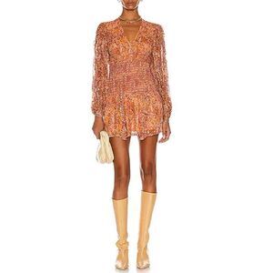 Rococo Sand Lar Long Sleeve Floral Bronze Smocked Mini Dress Sz M